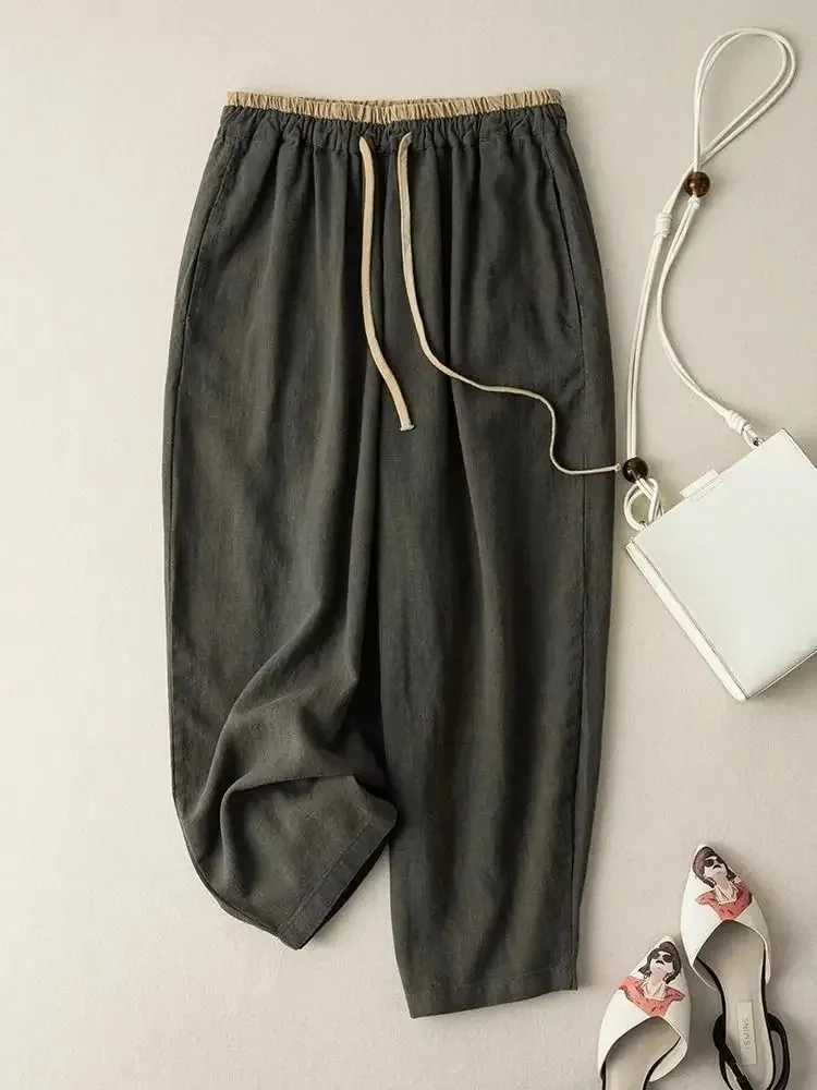Summer Retro Cotton Linen Loose Harem Pants Elastic Drstring Waist Casual Pants Basic Versatility Wide-leg Ankle-Length PantsXJ250616
