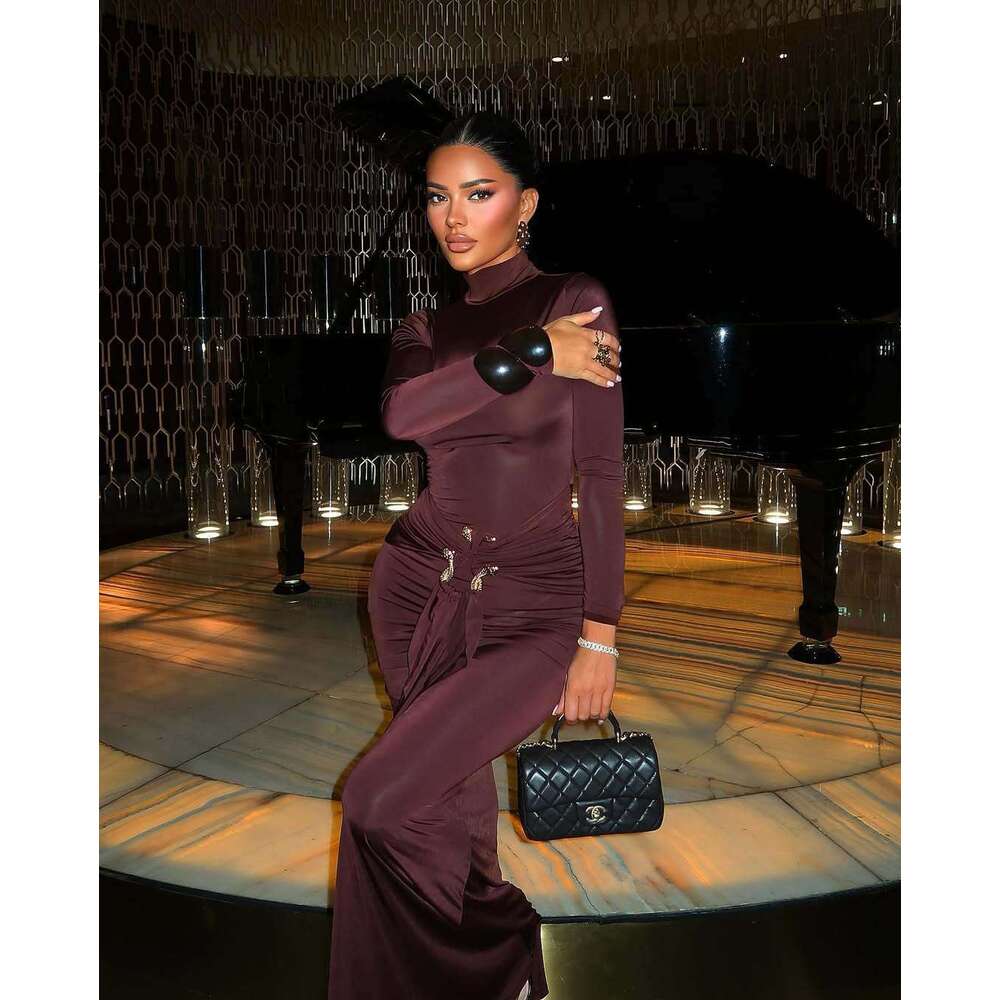 New Fashionable Elegant Metal Design Solid Color Slim Fit Sexy Bodycon Long Dress For Women B5