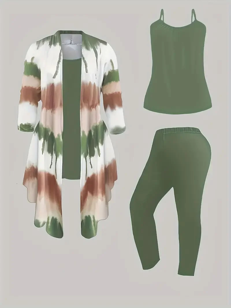 Plus Size 1XL5XL Women ThreePiece Outfit Tie Dye Top Solid Color Tank Elastic Waist Pants Set Casual Summer Clothes 250614