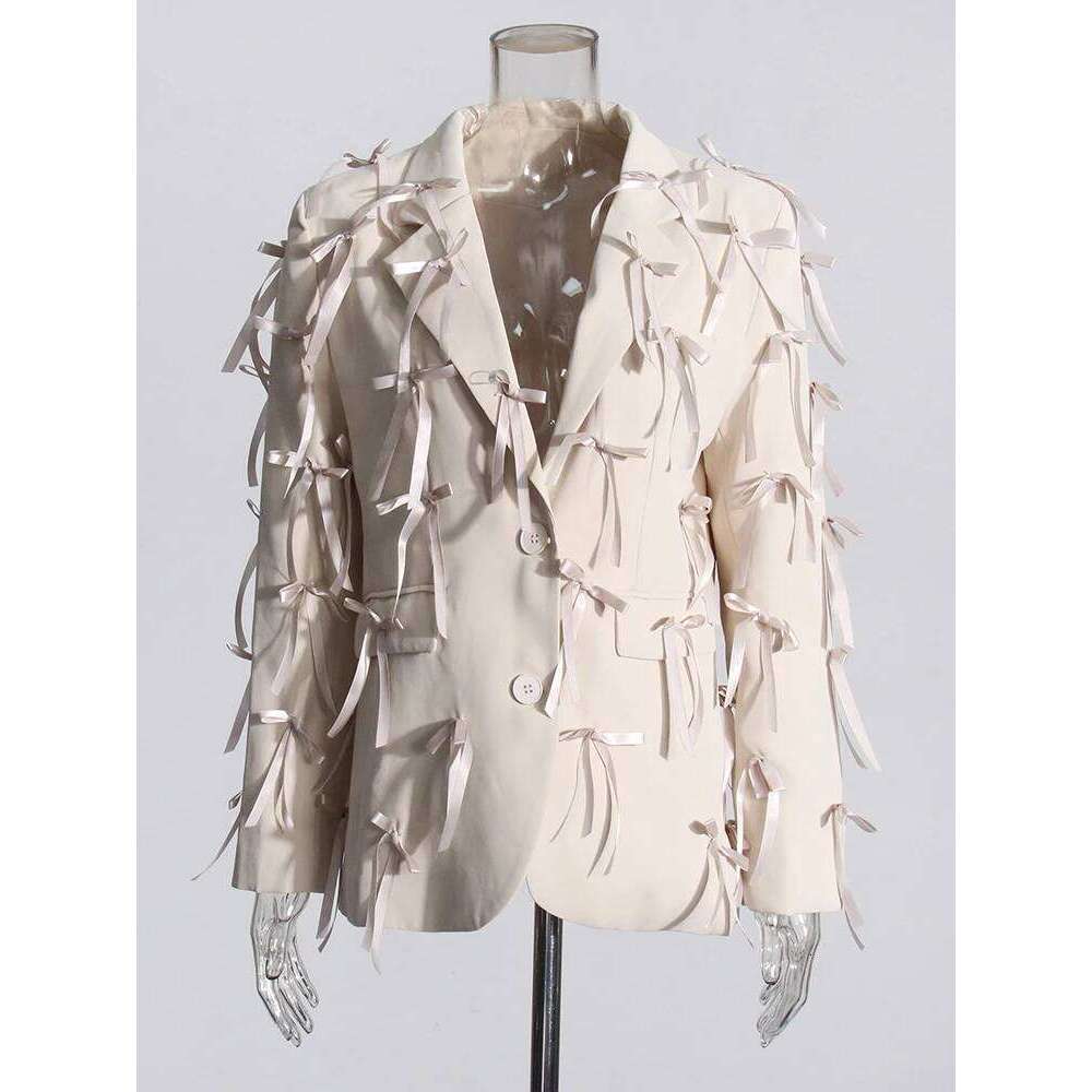 TWOTWINSTYLE Solid Elegant Patchwork Bowknot Blazer For Women Notched Collar Long Sleeve Spliced Button Loose Blazers Female New