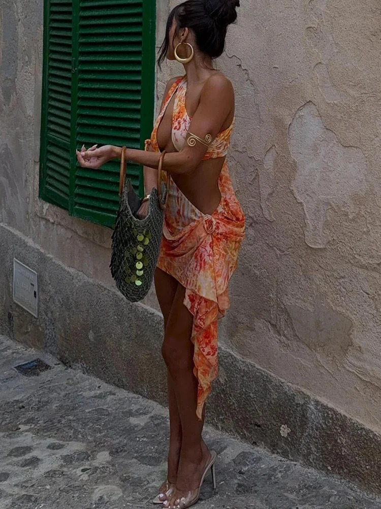 Weird Puss Sexy Irregular Hollow Dress Women Y2K Waistless 3d Flower Bandage Tassel Biased Collar Midnight Summer Trend Bodycons 250612