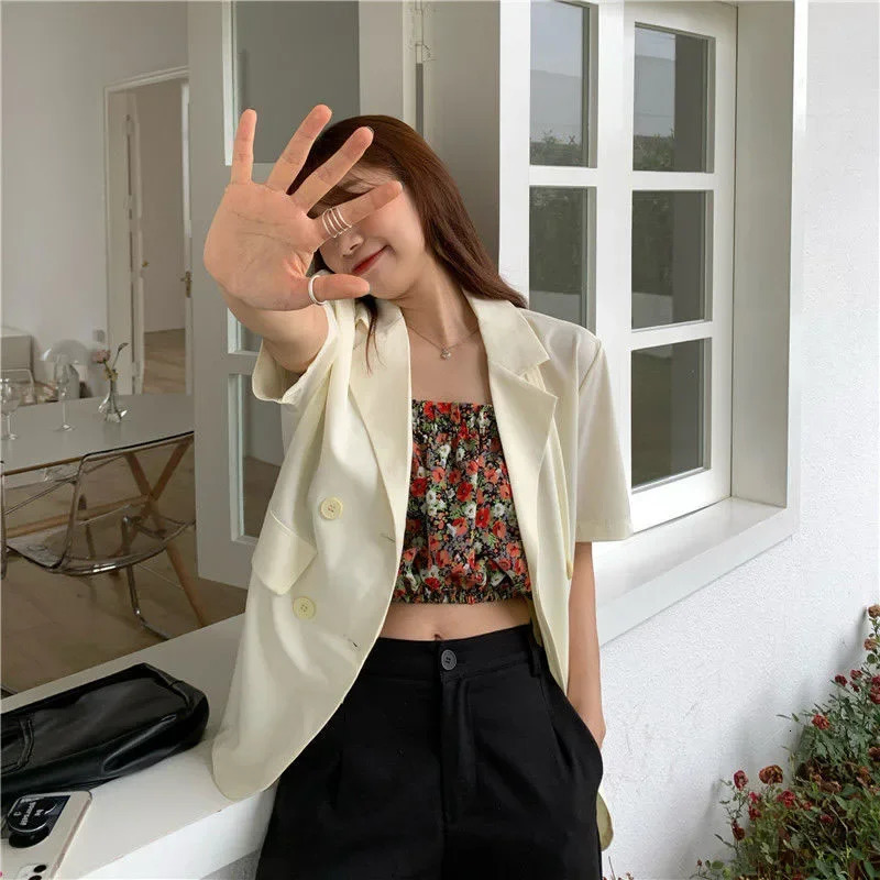 SMVP 2025 Womens Summer Short-sleeved Jacket Casual All-match Loose Double-breasted Blazers Coat Woman Korean Chic White Blazer 250614