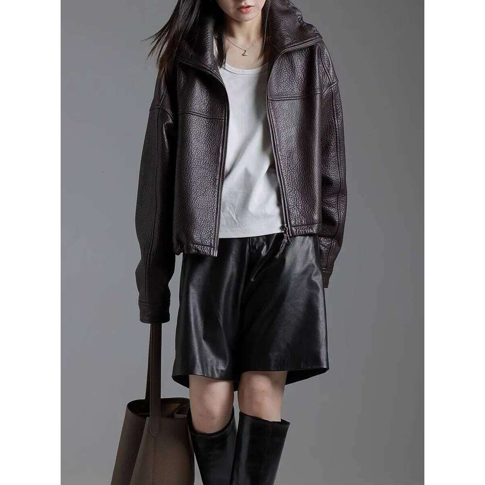 Lautaro Spring Autumn Cool Waterproof Short Brown Pu Leather Jacket Women with Long Raglan Sleeve Zip Up Designer Clothes