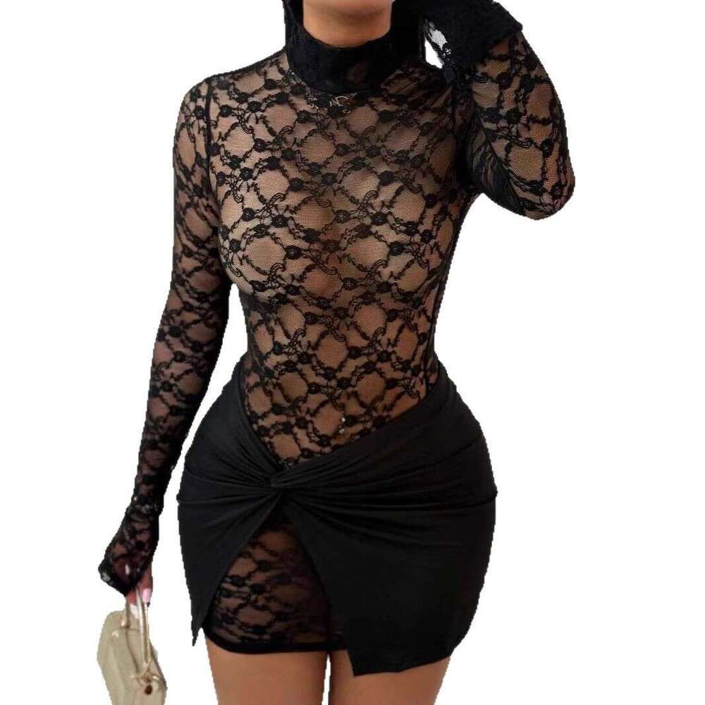 New Fashion Solid Color Sexy Lace Mesh Patchwork Design Sheer Bodycon Short Dress For Women B5