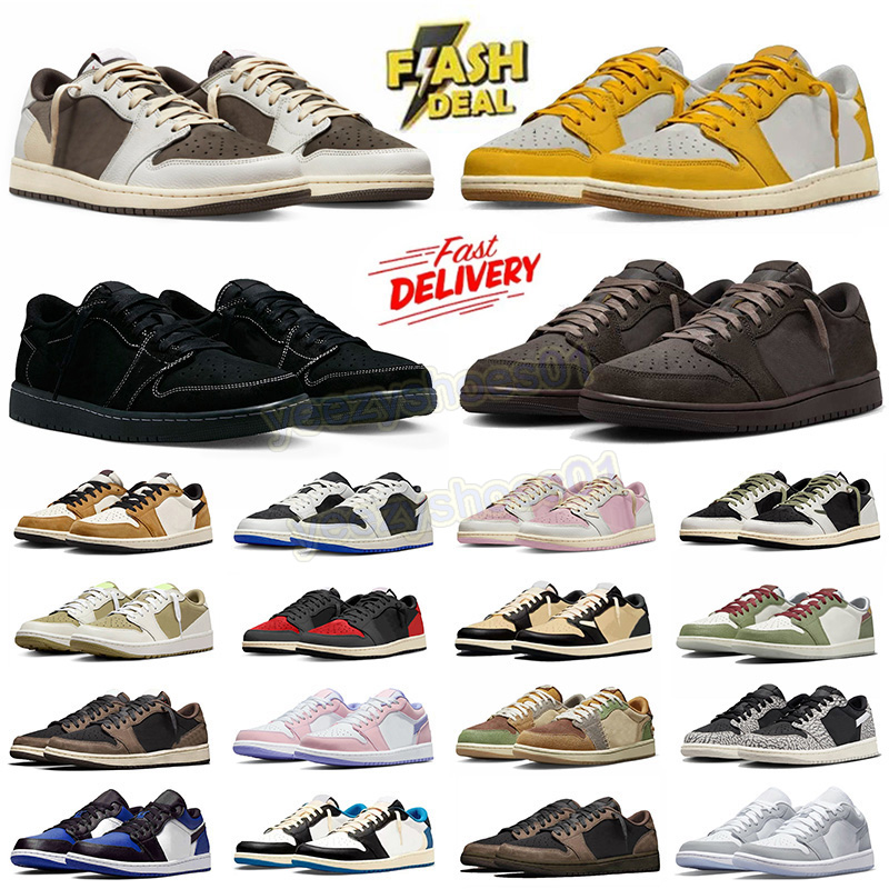 Low Reverse OG Basketball Shoes Mocha 1 Trainers Velvet Brown Black Cats Canary Pony Pink Fragment Chicago Olive UNC Designer Women Men Big Size 13 Sneakers