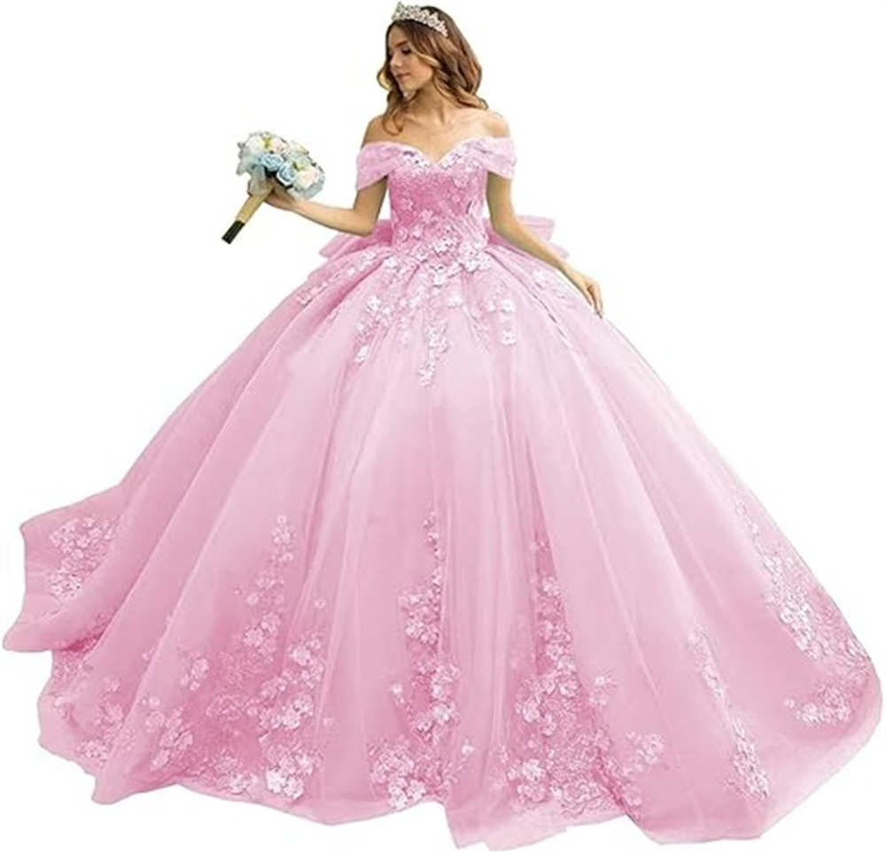 Ball Gown Quinceanera Dresses Off the Shoulder Appliques Big Bow Lace-up Sweetheart Tulle Plus Size Sweet 15 16 Princess Birthday Party Gowns Vestidos