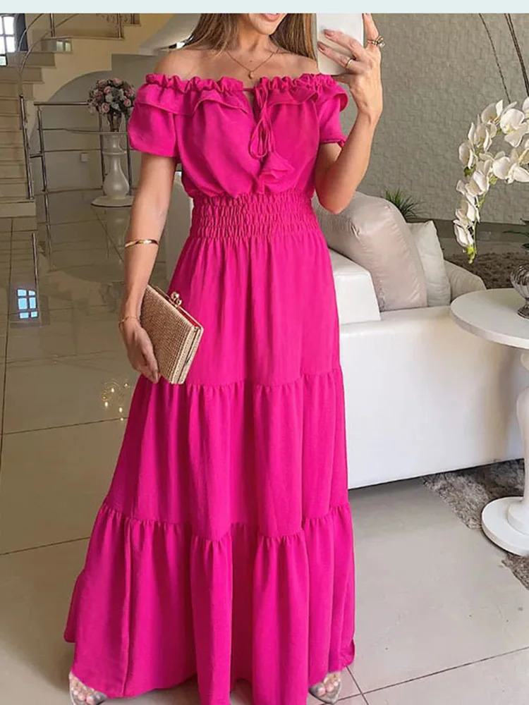 2025 Summer Solid Boho Dress Women Fashion Elegant Beach Party Dress Casual Slash Neck Office Maxi Dresses For Woman Robe Femme 250614