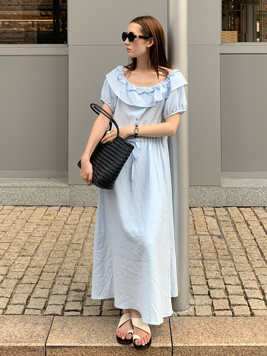 XR161 Tencel one-shoulder dress summer Korean style simple waist slim long dress