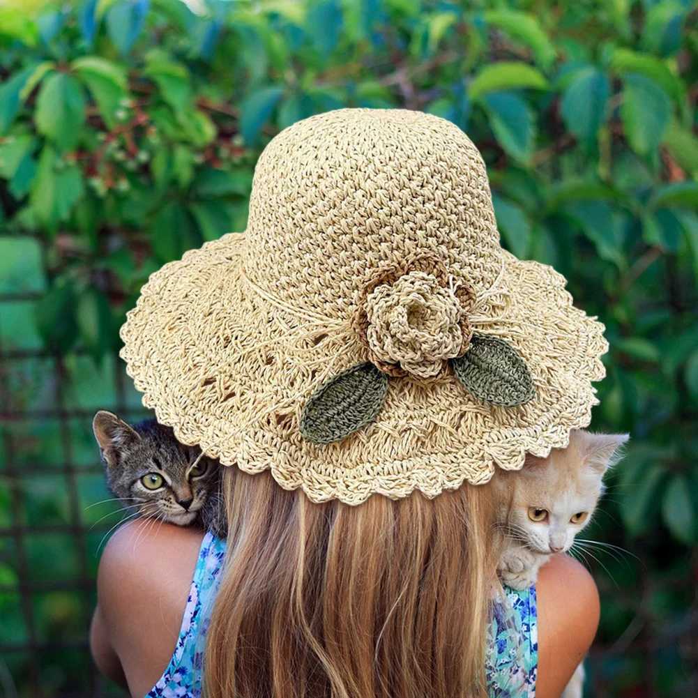 New Arrival Simple Women Hand-woven Straw Hat With Flowers Soft Lightweight Sun Hats For Outdoor Beach Vacation Foldable Sun Protection Cap U250616