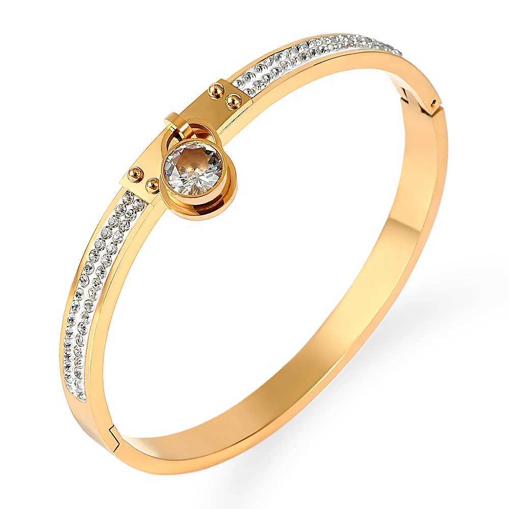 FYSARA Fashion Zirconia Crystals Bangle Stainless Steel Rivet for Women Brand Jewelry Big Crystal Pendant Cuff Chain Z250616