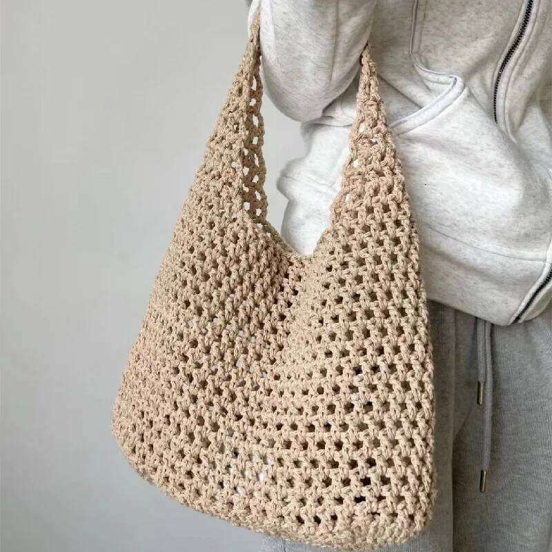 Hollow out Women's Shoulder Handmade Hook Weave Leisure Shopping Large Capacity Beach Summer Cool Checker Bag