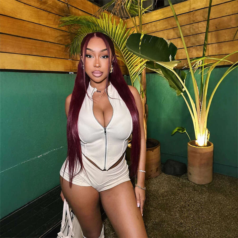 New Women's Sexy Fashion Sleeveless Zipper V-Neck Tube Top High-Waisted Shorts Set B5