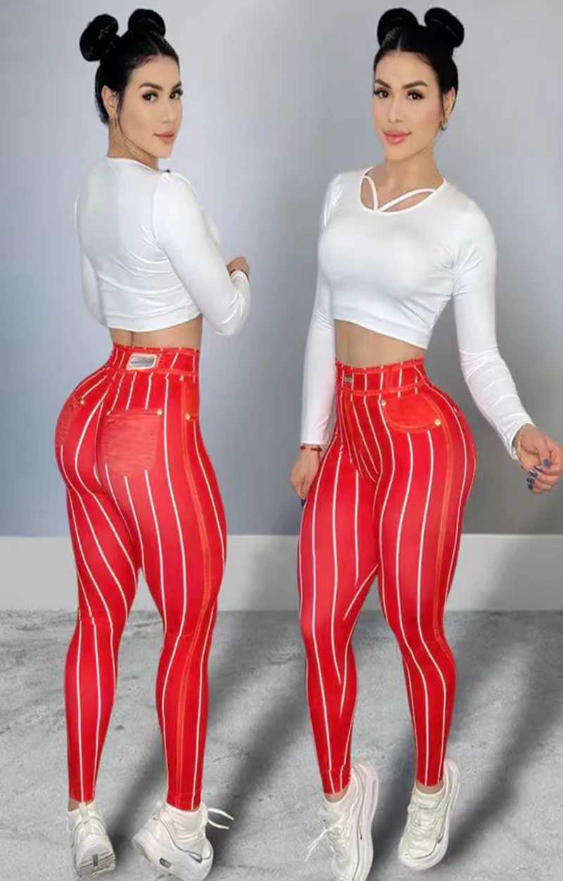 Women High Waist Sports Leggings Stripe Print Stretchable Yoga Pants Sexy Tight Fitness Workout Gym Push Up Causal PantXJ250616