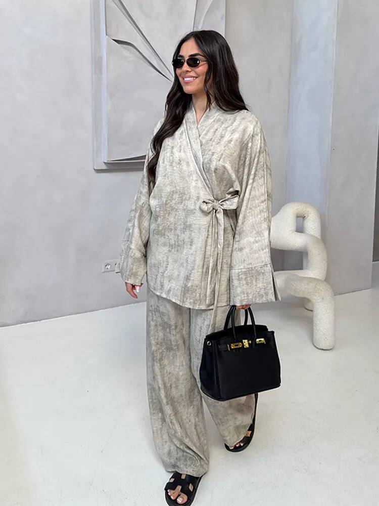 Casual Cotton Linen Pants Outfits Women Loose V Neck Lace Up Long Sleeves Female 2025 Spring Summer Chic Soft Set 2 Pieces