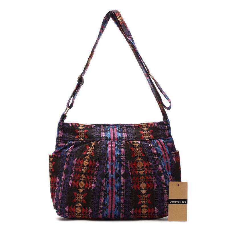 Annmouler Vintage Women Shoulder Cotton Fabric Flap Bohemian Style Messenger Elephant Print Crossbody Zipper Bag