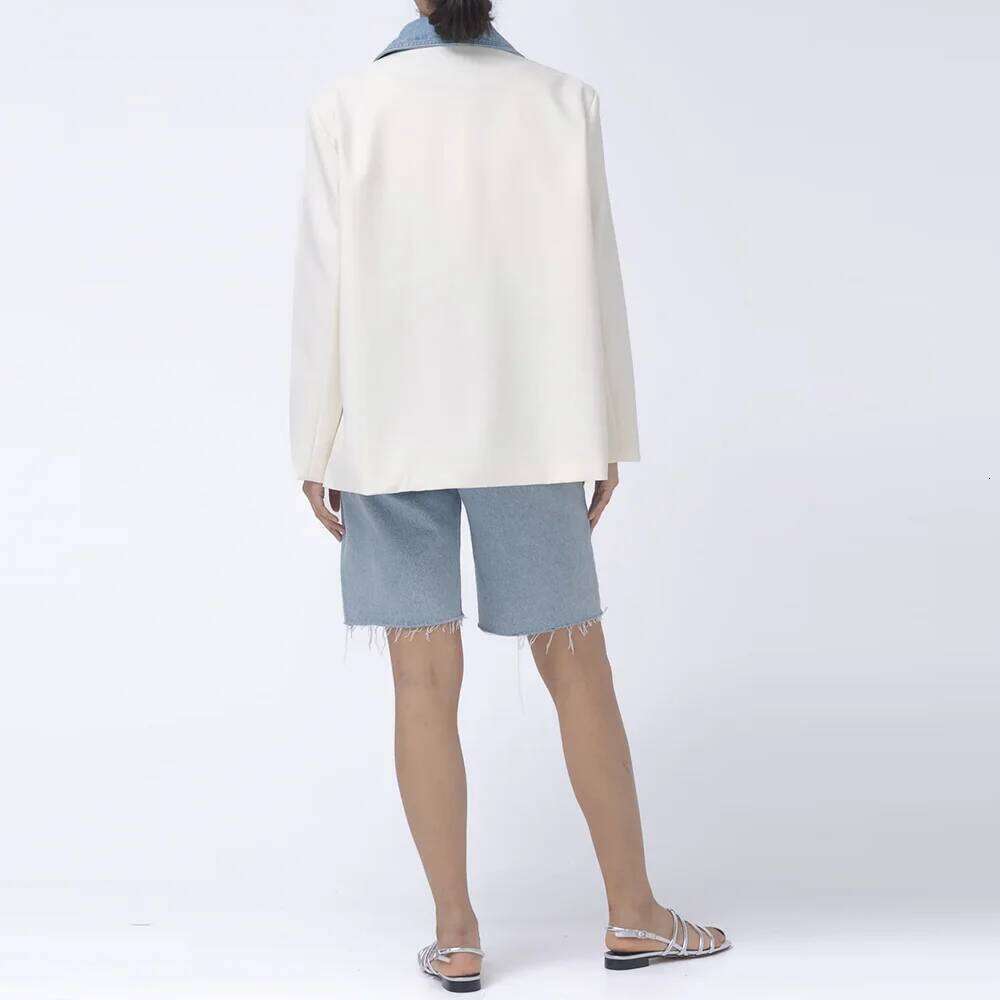 TWOTWINSTYLE Colorblock Patchwork Denim Jacket For Women Notched Collar Long Sleeve Spliced Pocket Casual Blazer Female Style