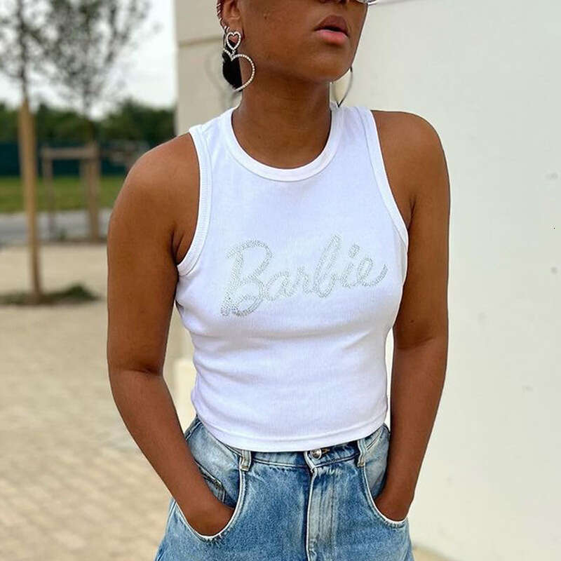 M23tp 358 Summer Round Neck Pullover Letter Rhinestone Crop Sexy Hot Girl Vest Top B5