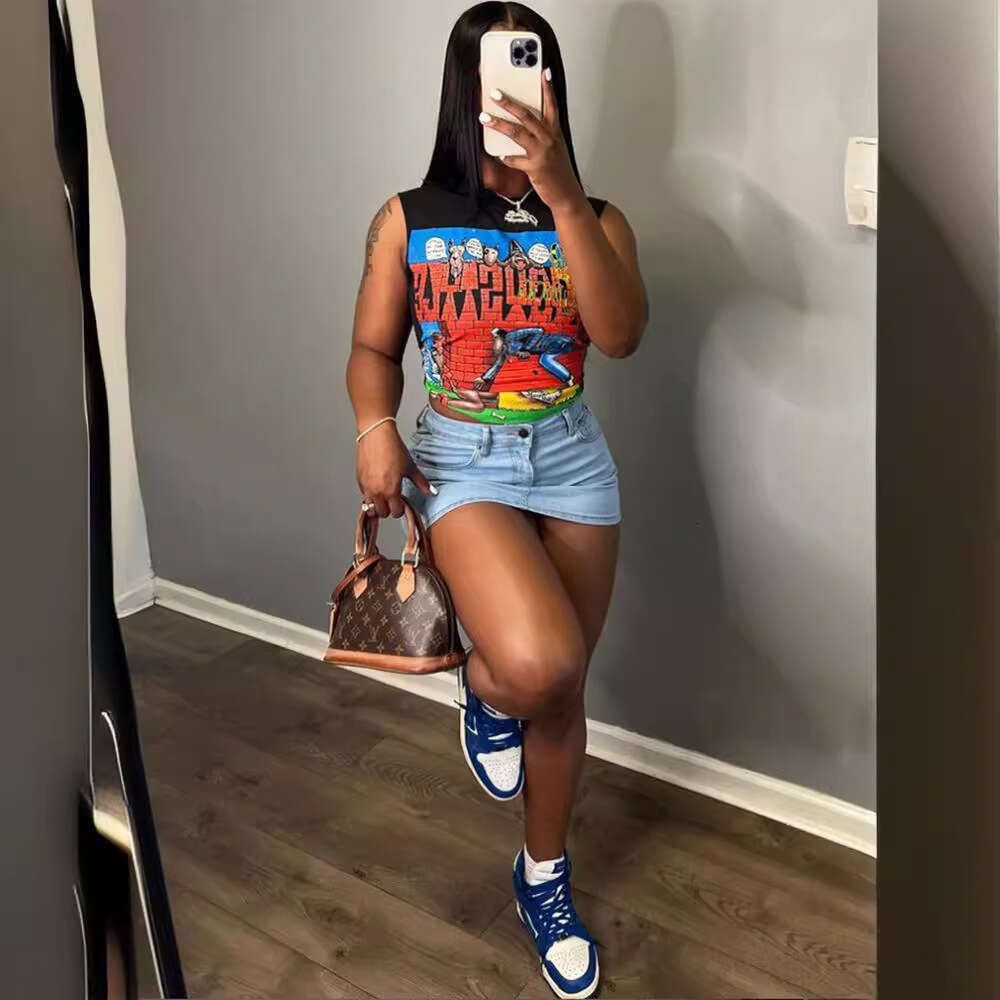 Women's Summer New Street Fashion Printed Round Neck Sleeveless T-Shirt B5