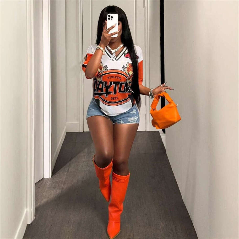 New Fashion Trend Street Print Loose Casual Sports Style Short Sleeve V-Neck Color Block Top T-Shirt B5