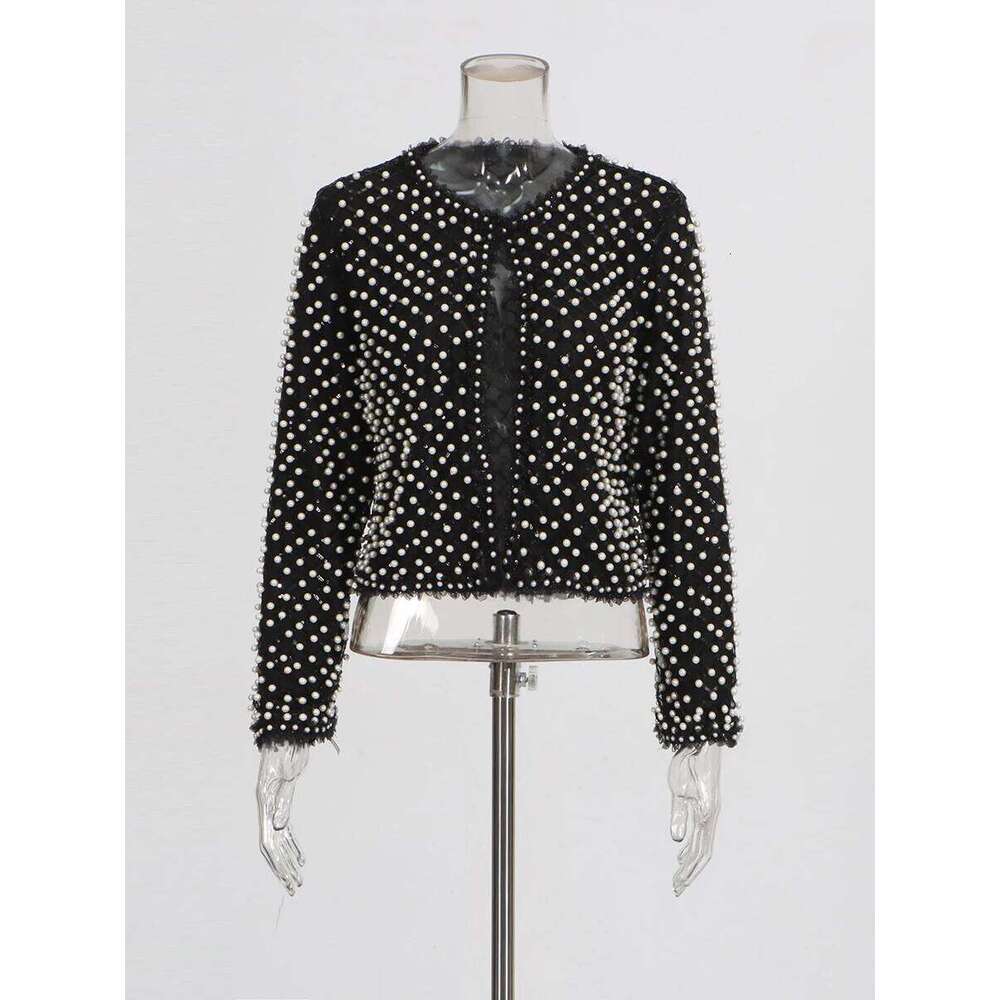 TWOTWINSTYLE Solid Slimming High Street Coat for Women Round Neck Long Sleeves Patchwork Bead Fashion Jackets Female Clothing