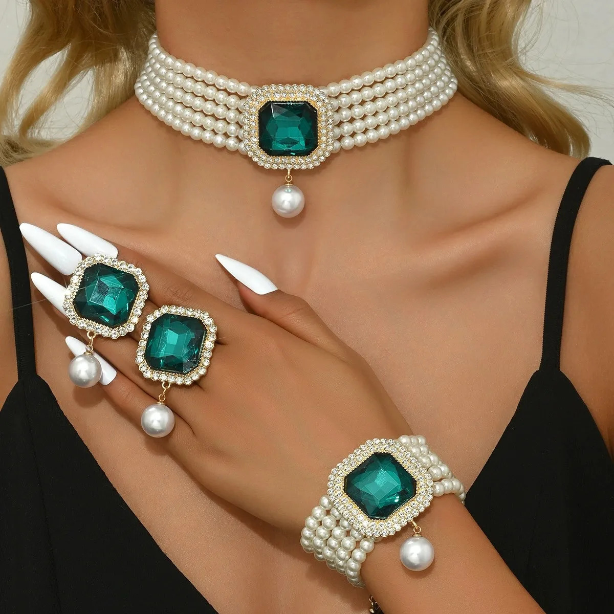 KMVEXO Elegant Crystal Square Pearl Necklace Bracelet Stud Earrings Set for Women Choker Jewelry Sets Lady Party Gift 250609