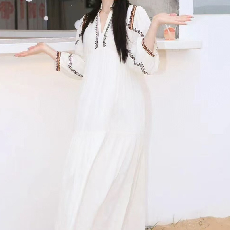 FD290 Spring and Summer New V-neck French Line Printed Dress