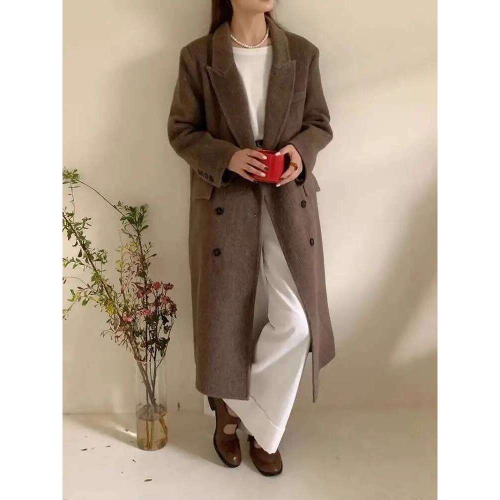 LANMREM Korean Style Wool Coat Notched Collar Double Breasted Long Sleeves Office Lady Overcoat 2025 Spring Winter 2Db1226