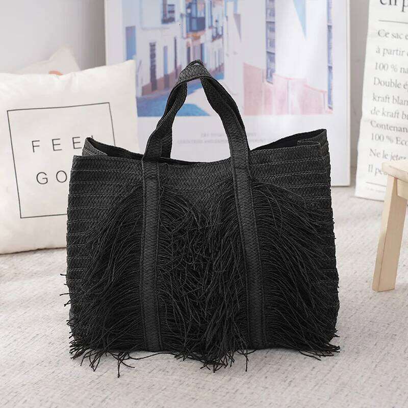 Large Capacity Straw Tote Bags For Women Designer Handbags Bohemian Tassel Beach Handmade Woven Shoulder Bag Travel Shopper