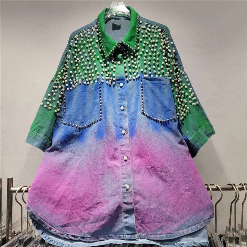 DEAT Women's 2 Piece Set Loose Pearls Gradient Tie-dye Coat Elastic Waist Denim Short Pants 2025 Summer New Fashion 29A1733