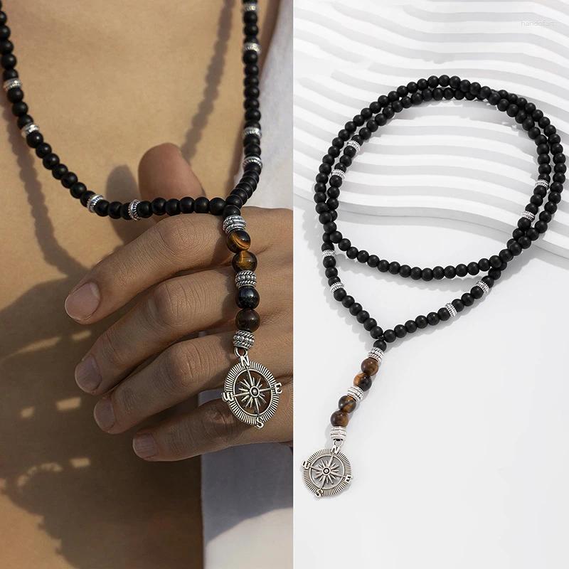 Pendant Necklaces Vintage Black Beaded Chain Long Necklace For Men Tiger Stone Beads Collar Jewelry Gifts
