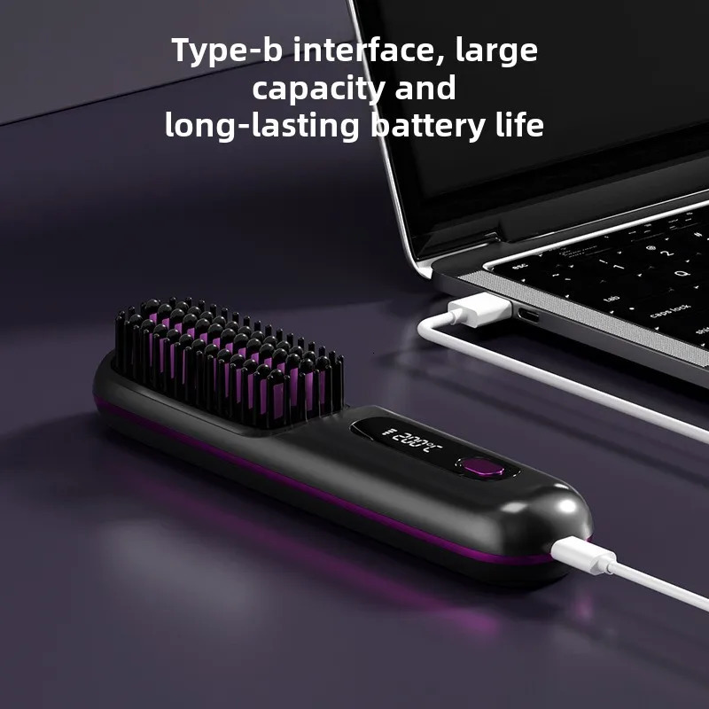 LCD Straight Hair Comb Portable Travel Straightener AntiScald Heated Styling Brush USB Charging Cordless 250606