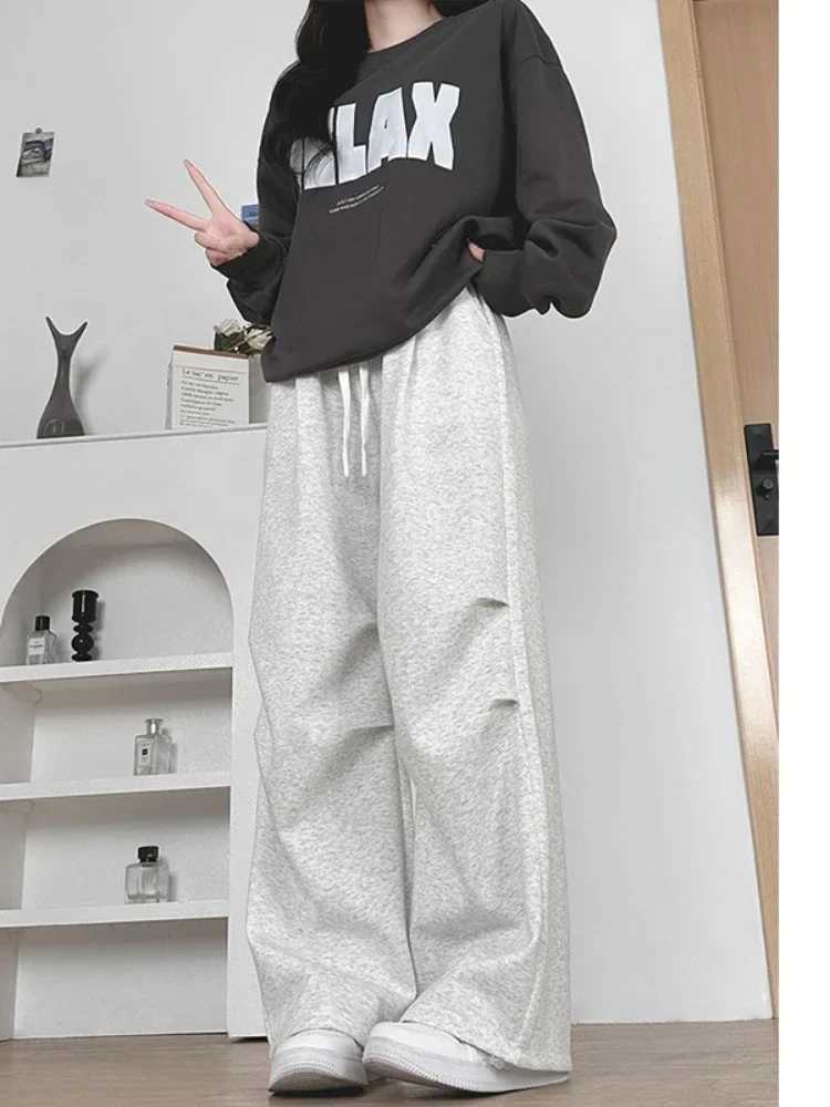 High Waist Casual Wide Leg Work Pants Gray Sports Pants Women Spring Autumn 2025 New Fashion Straight Leg Loose Fit Sweatpants XJ250616