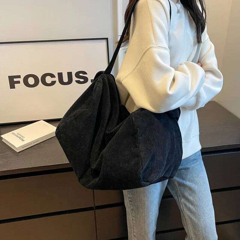 Corduroy Fabric Big Capacity Bostom Handbag Vintage Y2k Emo Ita Chic Winter Textile School Laptop Soft Slouchy Side Shoulder Bag