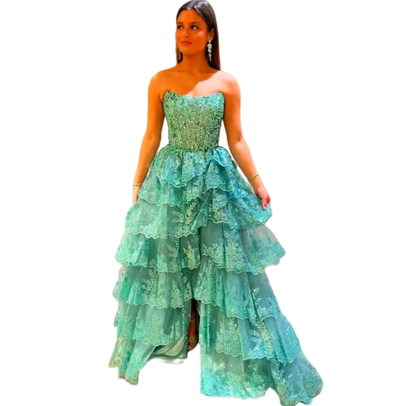Strapless A-Line Tiered Prom Dresses Front Split Lace Appliques Tulle Long Sage Evening Gown 2025 Pageant Party Dress Custom Made Back Lace-up