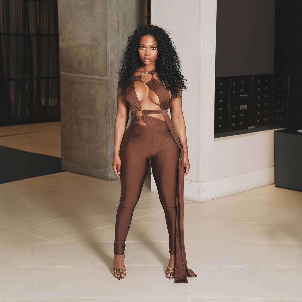 Summer New Women's Sexy Slim Hollow Out Ring Cross Tie Ribbon Bodycon Jumpsuit B5