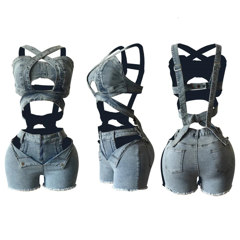 2 Piece Set Denim Shorts Suit Sexy Vest Top Strap Backless Jeans Short Pants Pockets Outfits 2025 Streetwear Ensemble 250612