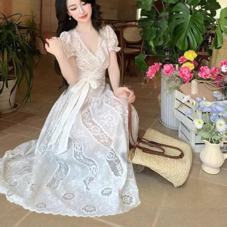 PD180 waist embroidery hollow dress suspender dress long skirt female summer