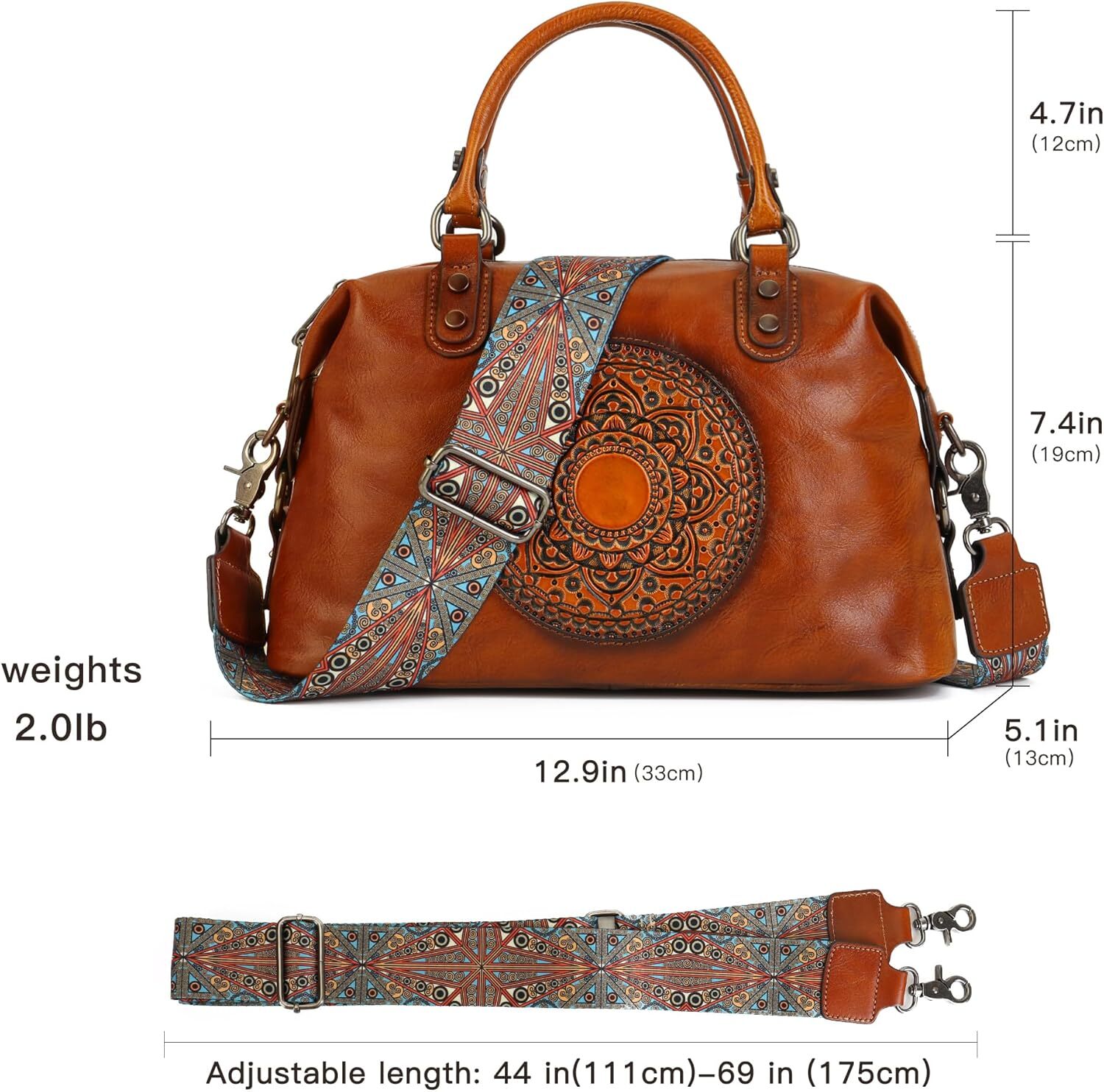 for Women, Genuine Leather Purses Retro Mandela Crossbody Handbag Tote Bag