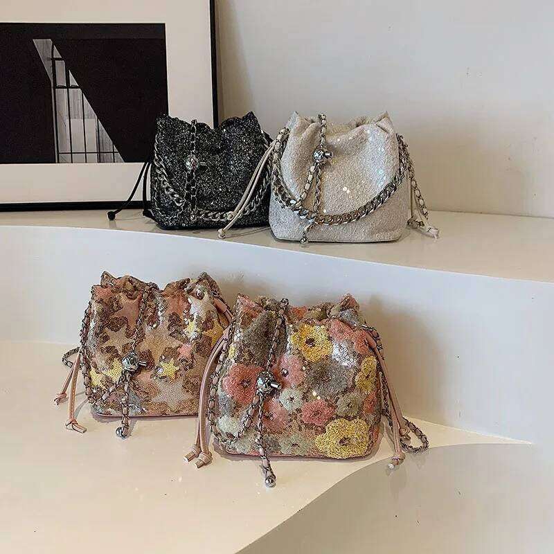 Fashion Sequins Embroidery Buckets Chains Shoulder Crossbody Cute Flower Summer Beach Bag Small Female Purses