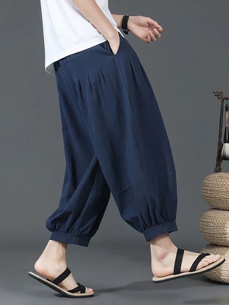 Summer Cotton Linen Shorts Men Baggy Wide leg Casual Capris Pants Male Sport Running Shorts 2025 Oversize Chinese 250614