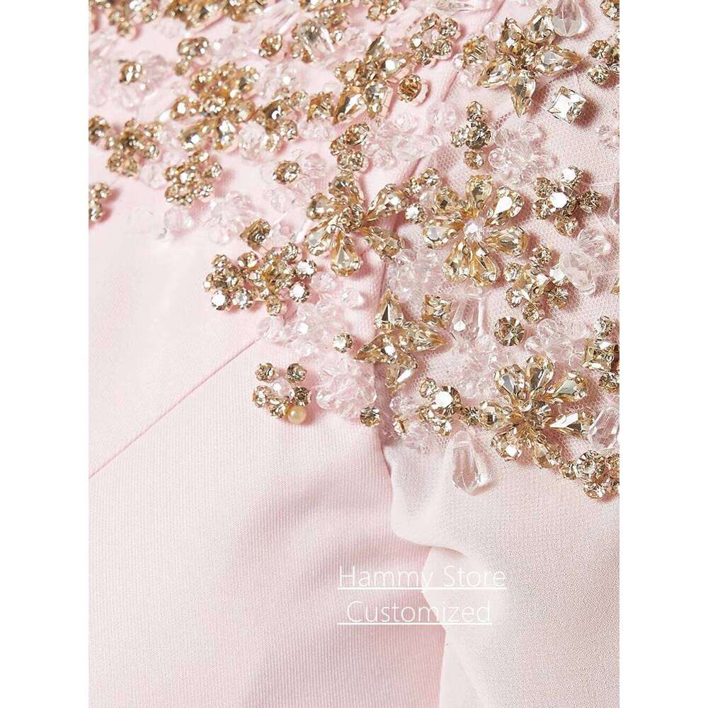 Pale Pink Evening Dress with Beading Crystal Customized Round Neck Long Sleeves Arabian Wedding Party Gown Prom Dresses