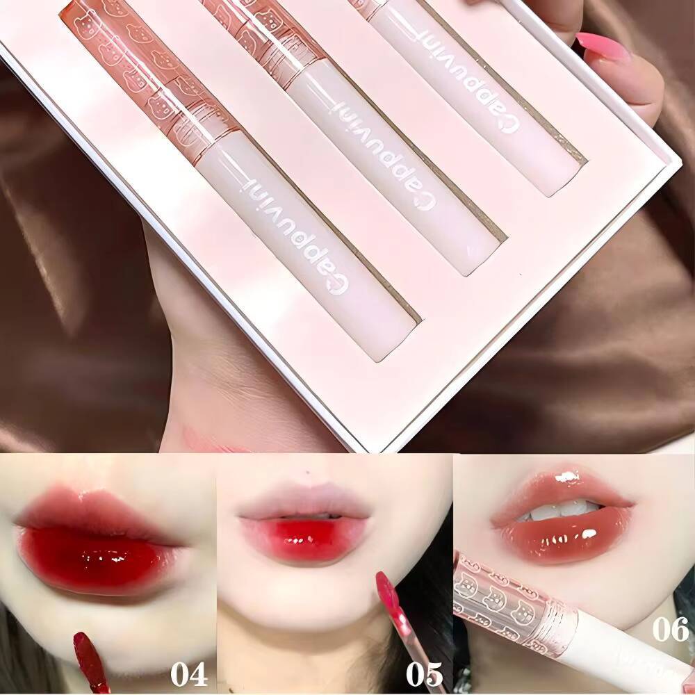 CAPPUVINI 3 Colors Lipstick Set Mirror Glaze Long Lasting Gloss Color Moisturizing Cappuvini Lip Tint happy
