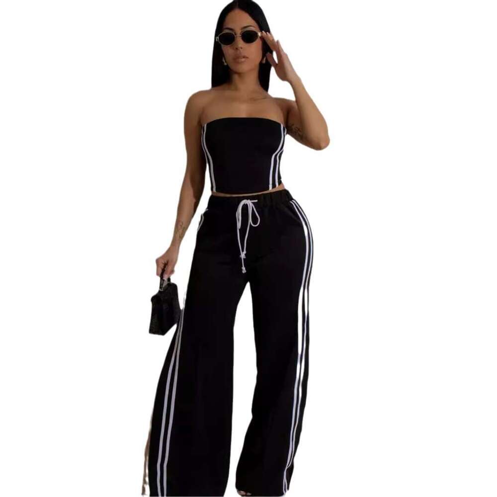 Summer New Solid Color Striped Short Slim Sexy Tube Top Tie Wide Leg Pants Set B5