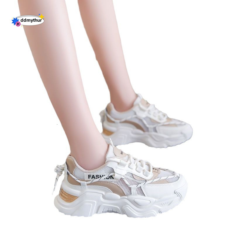 2025 Spring Summer New Versatile Student White Shoes Thick Sole Mesh Women's Running Sneakers ddmythur