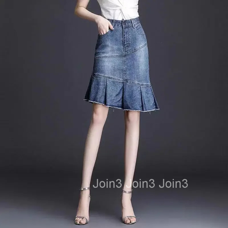 Blue Woman Denim Skirt Ruffle High Waist Luxury Elegant Vintage Streetwear Stylish Korean Fashion Modest Jeans Skirts for Women