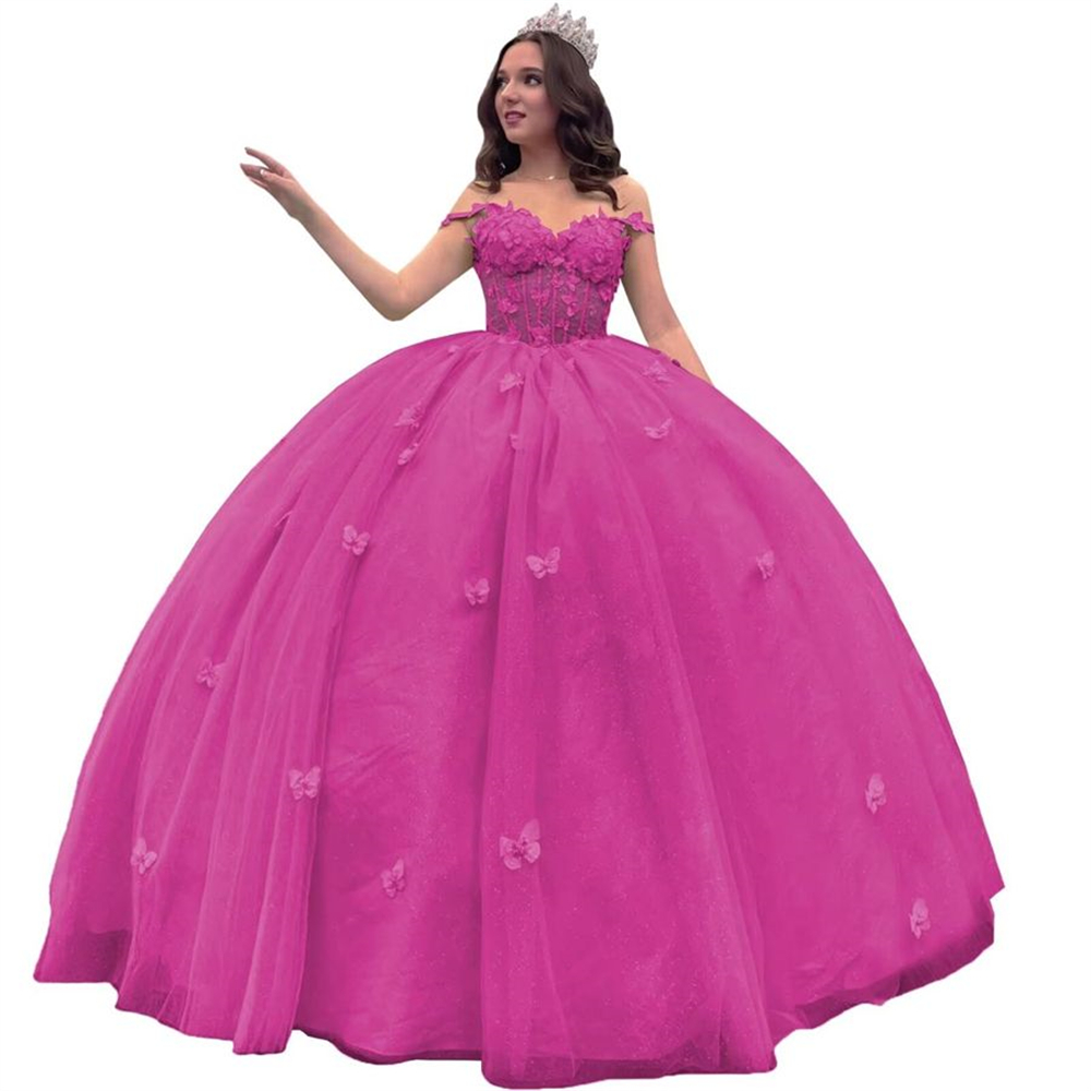Ball Gown Quinceanera Dresses Spaghetti-strap Illusion Butterfly Appliques Bow Lace-up Plus Size Sweet 15 16 Princess Birthday Party Gowns Vestidos De