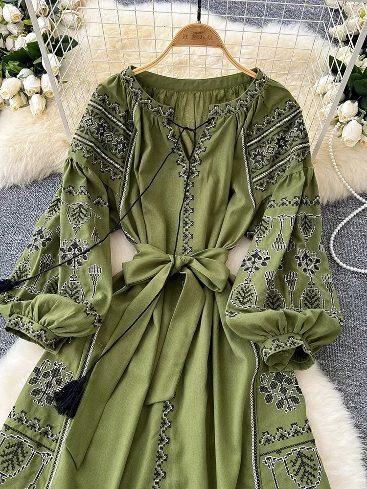 Bohemian Retro Ethnic Style Dress Womens Spring Autumn Embroidered Lace Up Lantern Sleeves Waist Cinching Long Dress A155 250609