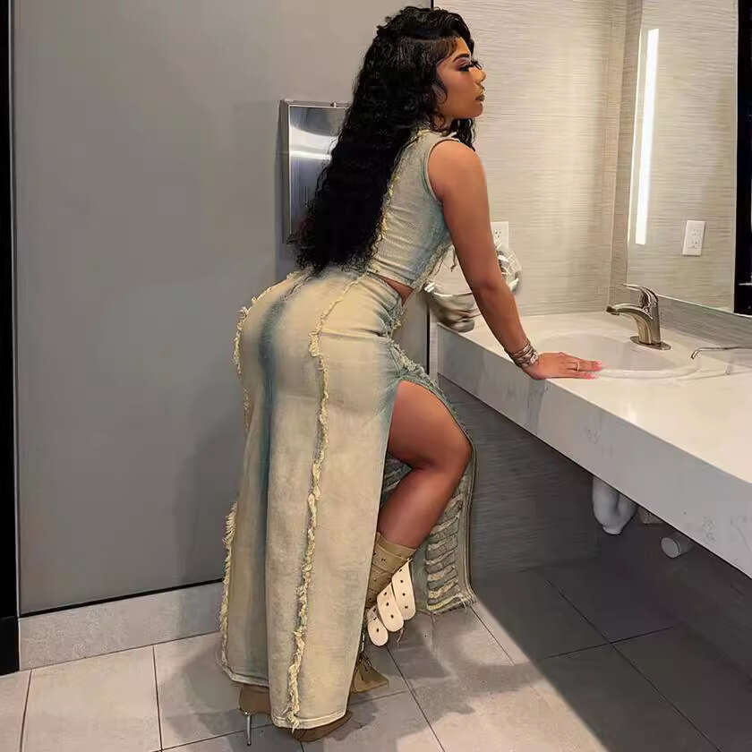 European and American Women's Set Fashion Personality Handmade Distressed Vest Slit Denim Skirt 2025 Elegant Versatile New Trendy Clothing Ins