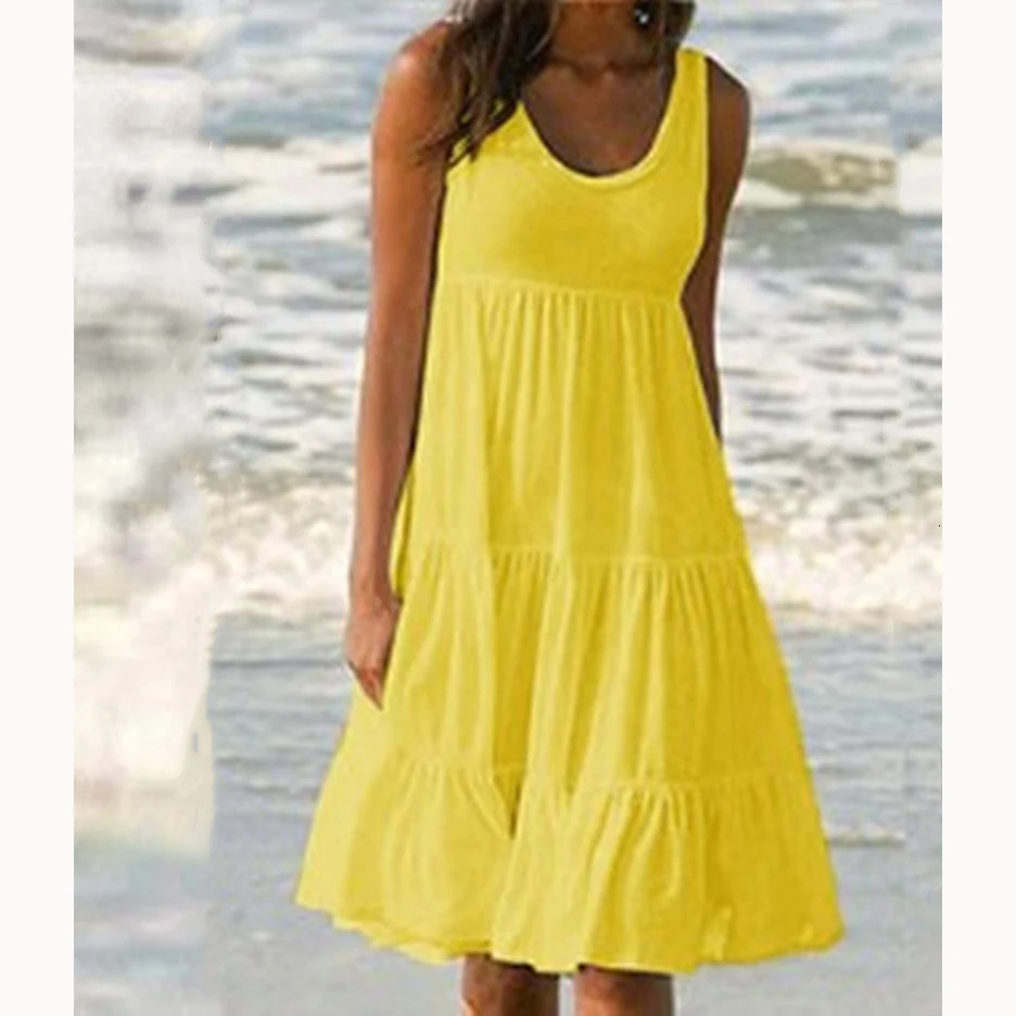 Women Casual O Neck Sleeveless Ruffles Mini Dress Boho Solid Beach Sundress Oversized Loose Dress Summer 250609