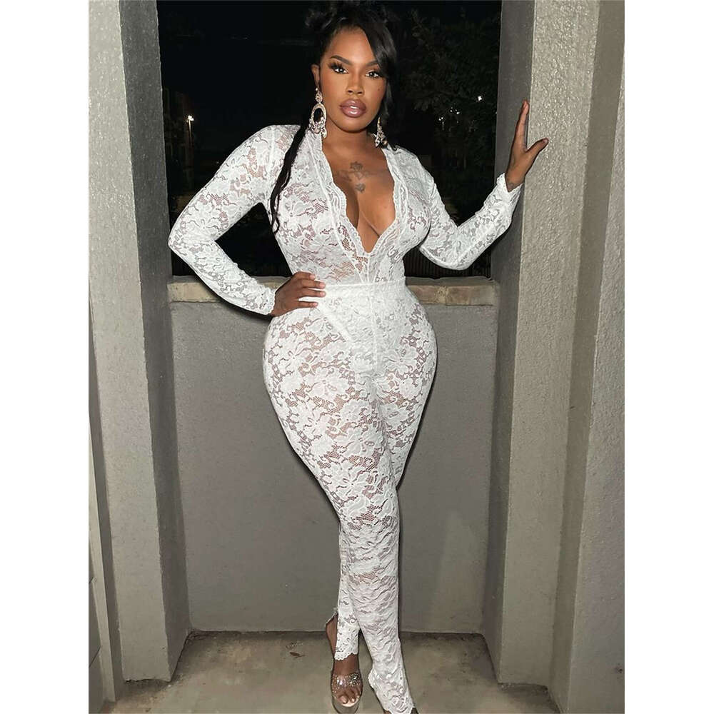 New Fashion Solid Color Slim Fit Sexy Lace Hollow Deep V-Neck Sheer Long Sleeve Top And Pants Set B5